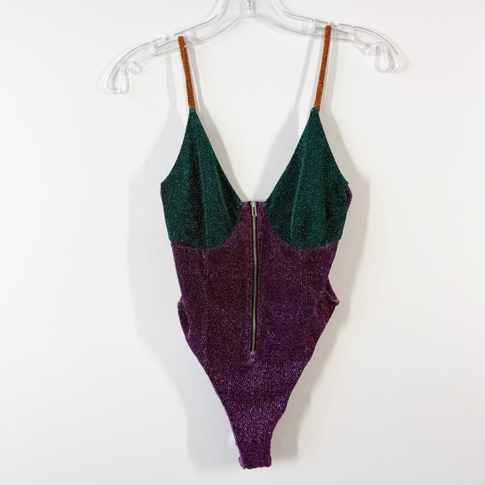 Morgan Osman for L’animal Purple Sparkle One Piece Size S Deep V-Neck Front Zip